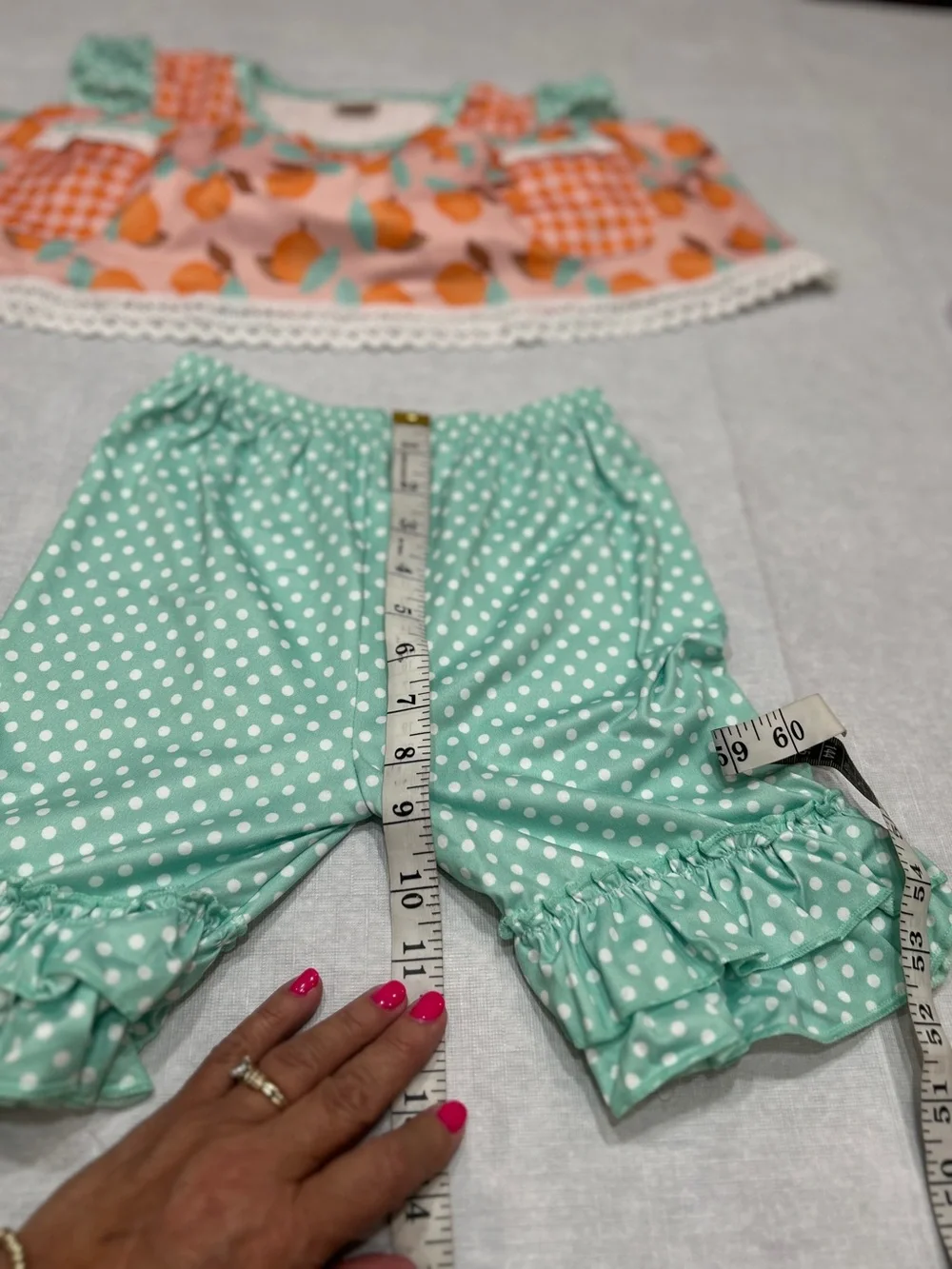 3XL(7-8 girls) Boutique Ruffle Pants Peach Print Dress & Polka Dot shorts